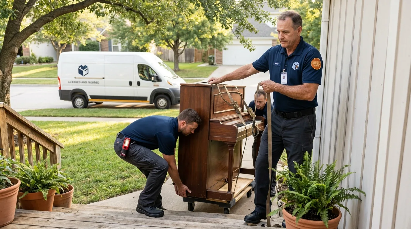 Licensed piano movers securing grand piano in Park Hill, OK
