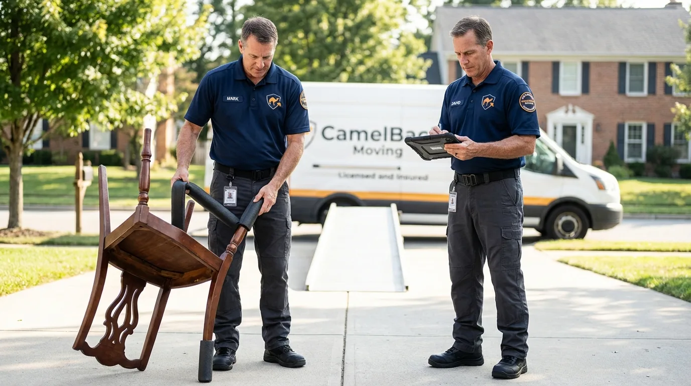 Movers inspecting furniture for damage prevention before loading in Park Hill, OK