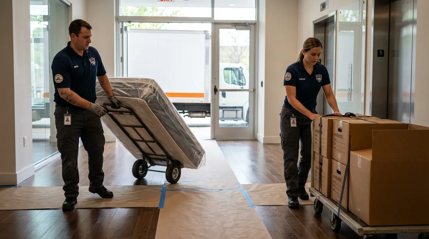 Professional apartment movers loading elevator in Park Hill, OK