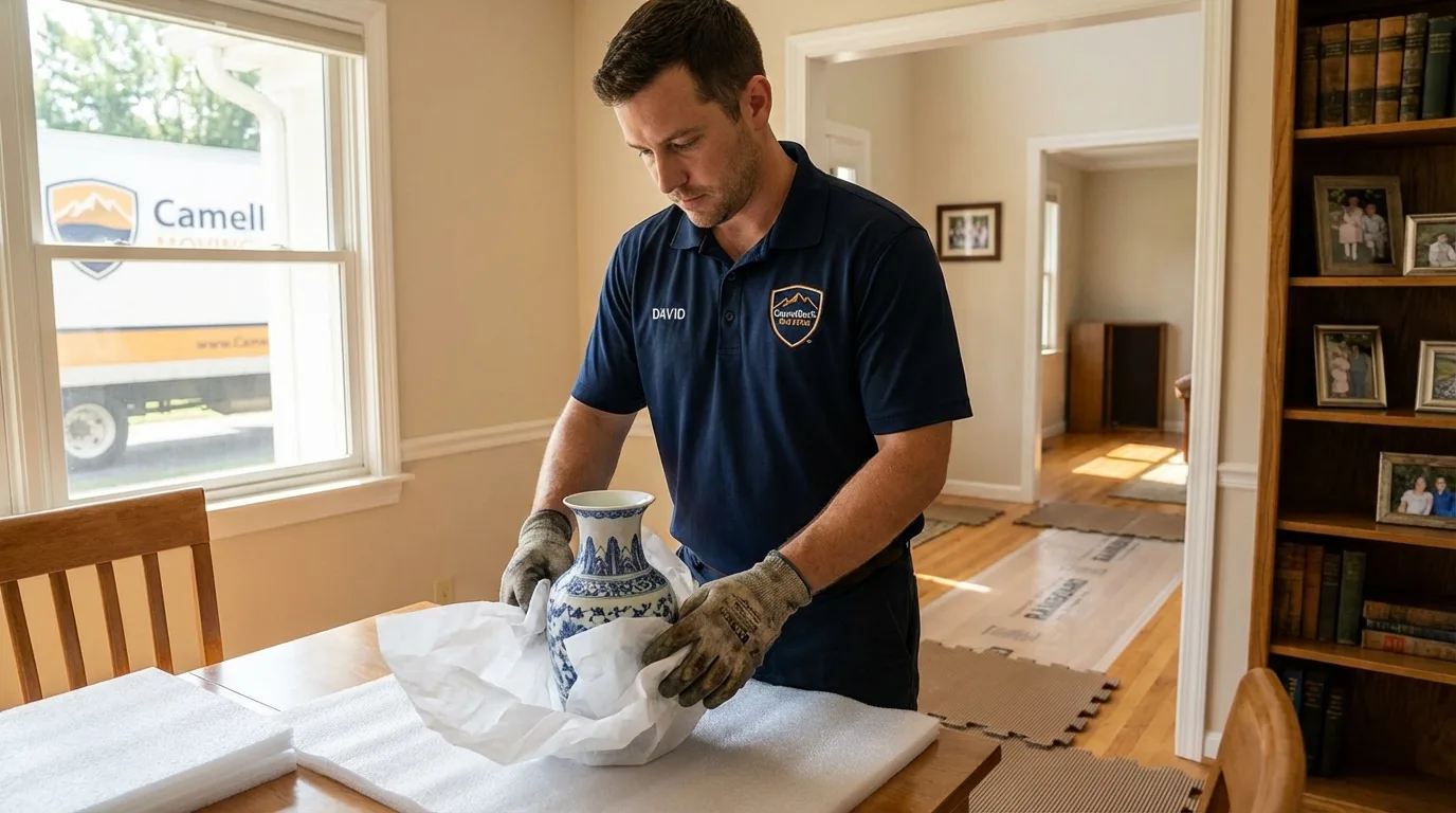 Professional crew carefully wrapping antique vase for senior downsizing move in Park Hill, OK